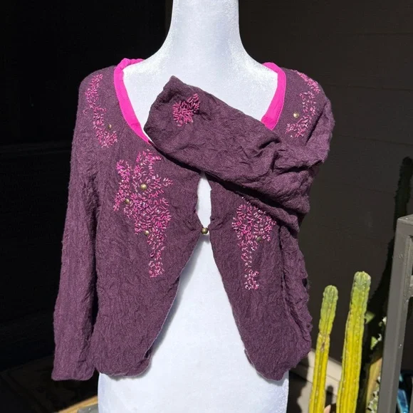 Free People Cardigan Crinkly Purple Pink Wool Silk Beaded Fairy Shrug | Sz L - Picture 4 of 16